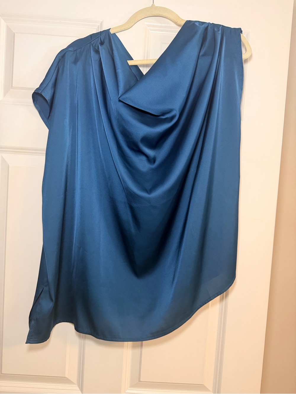 ELOQUII Plus Size Draped Cowl Neck Satin Top - Teal Blue